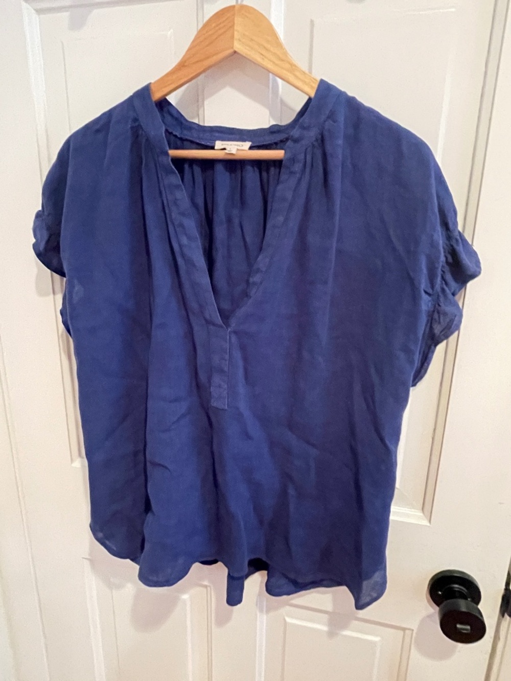 Pilcro Anthropologie Tatum blue 100% linen v-neck flutter ruffle sleeve blouse L